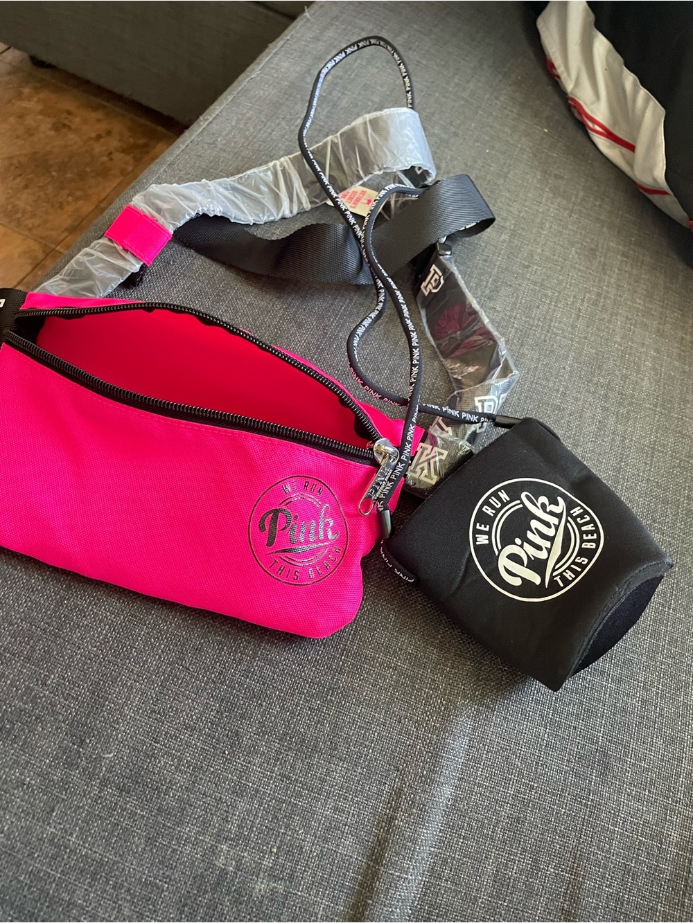 PINK Victoria's Secret Hot Pink and Black Crossbody Belt Bag with Drink Holder